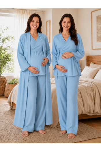 Effortt İndigo Müslin Kumaş Kruvaze Bağlamalı Emzirme Özellikli %100 Pamuk Hamile Lohusa Pijama Takımı Sabahlık 3088 Effortt İndigo Müslin Kumaş Kruvaze Bağlamalı Emzirme Özellikli %100 Pamuk Hamile Lohusa Pijama Takımı Sabahlık 3088